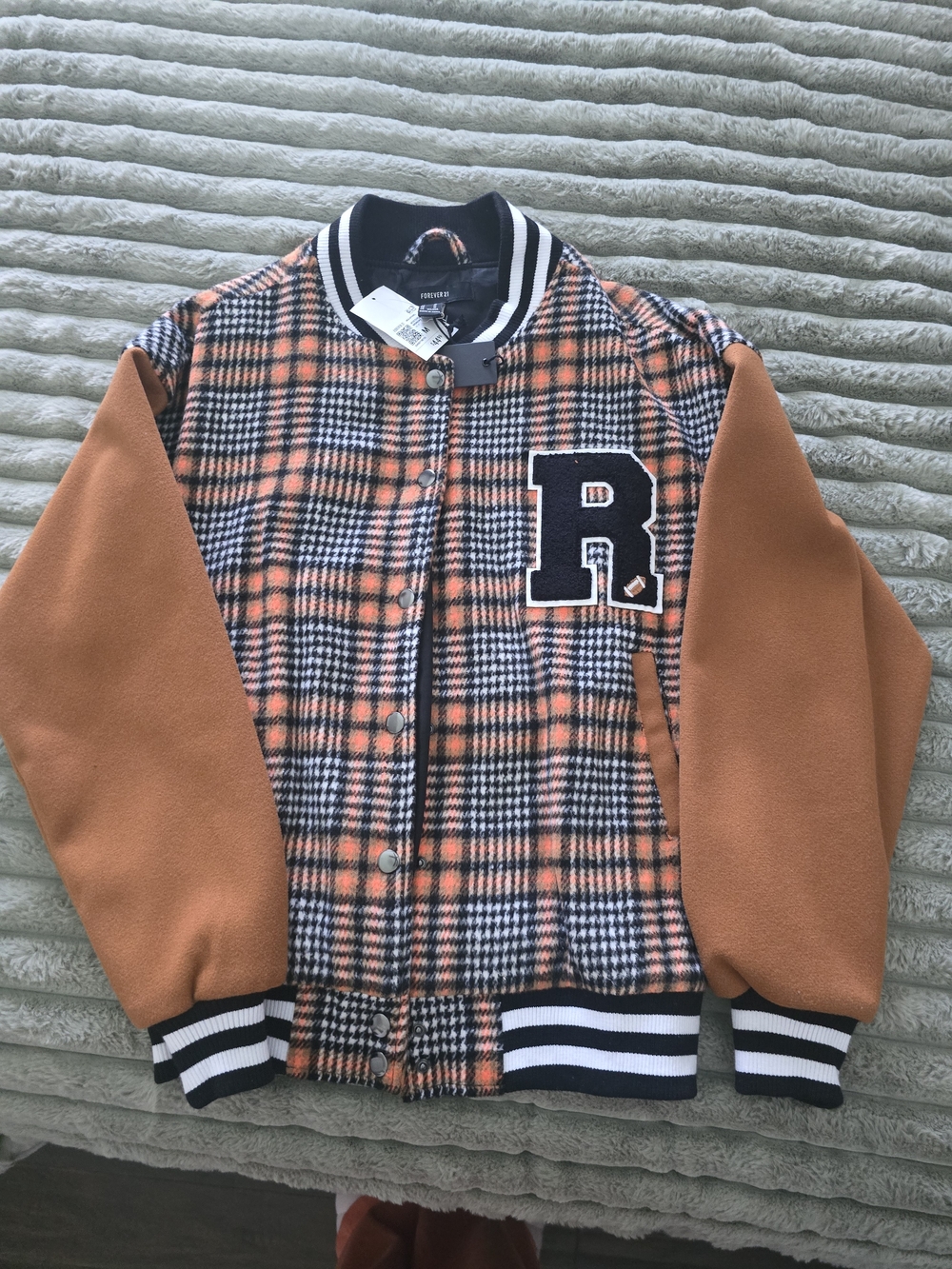 Forever 21 Orange Plaid Bomber Jacket with Black 'R' Patch